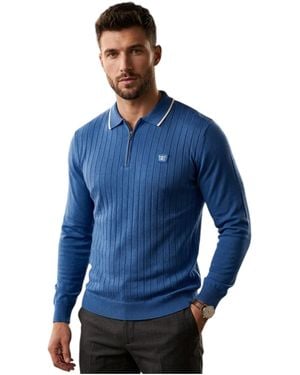 Cappuccino Italia Polo Shirts Ribbed Knit Tipped Long Sleeve 1/4 Golf Tee - Blue