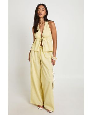 Boohoo Gingham Seam Detail Halterneck Top & Wide Leg Trouser Co-Ord - Natural