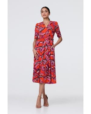 Izabel London Tropical Print Faux Wrap Midi Dress - Red