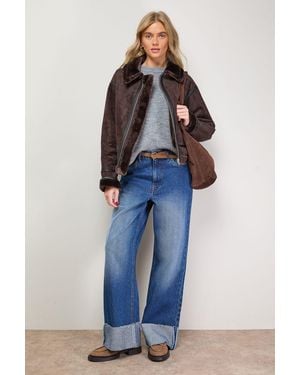 Oasis Zip Through Faux Leather Short Aviator Jacket - Blue