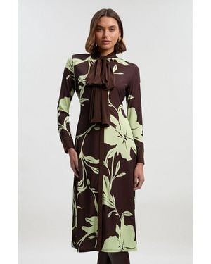 Karen Millen Petite Floral Print Bow Detail Ruched Long Sleeve Crepe Maxi Dress - Multicolour