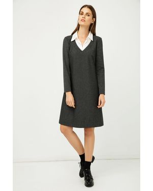 Conquista Shirt Collar Detail Dark Striped Dress - Black