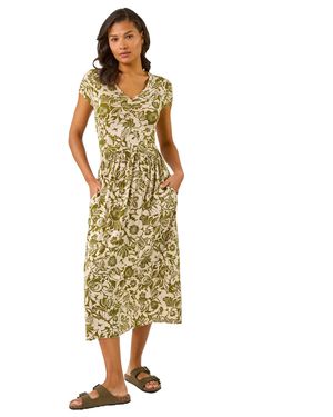 Roman Floral Print Ruched Stretch Midi Dress - Metallic