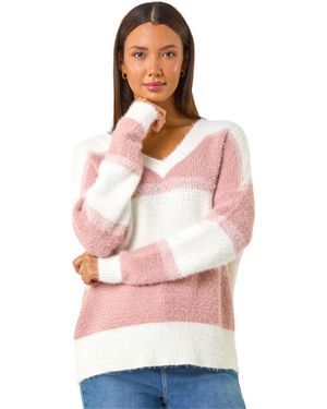 Roman V-Neck Stripe Knit Jumper - Pink