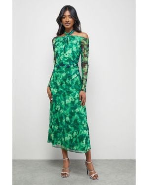 Warehouse Print Twist Mesh Midi Dress - Green