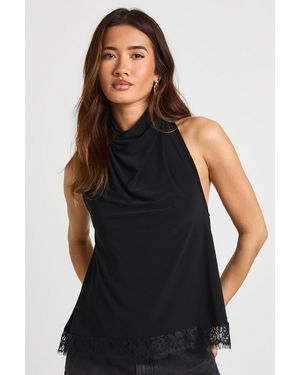 Boohoo Slinky Cowl Neck Lace Hem Top - Black