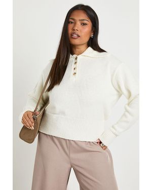 Boohoo Plus Knitted Henley Collared Jumper - Natural