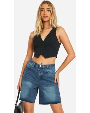 Boohoo Mid Wash Fray Hem Longline Denim Shorts - Blue