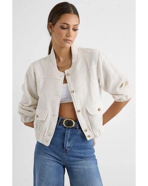 Hiccup Tweed Round Neck Jacket With A Pocket Detail - Blue