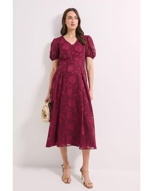 PRINCIPLES Floral Jacquard Puff Sleeve Midi Dress - Red