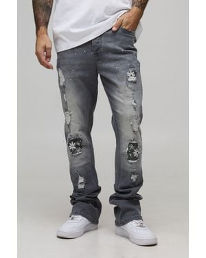 BoohooMAN Skinny Stacked Flared Rip And Repair Bandana Paint Splatter Jeans - Grey