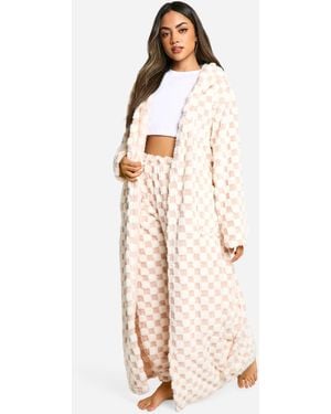 Boohoo Checkerboard Fleece Maxi Dressing Gown - Natural