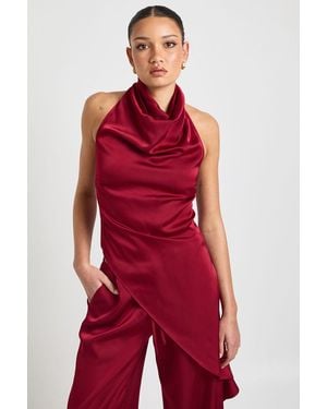 Boohoo Satin Cowl Neck Asym Hem Top - Red