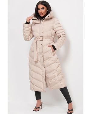 JESS Long Puffer Coat With Belt & Hood - Natural