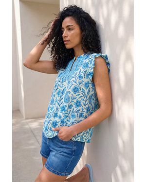 Roman Floral Contrast Frill Top - Blue