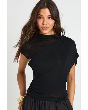 Boohoo Sheer Knit Ruched Drape Front Top - Black