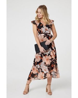 Izabel London Floral Frill Asymmetric Wrap Midi Dress - Black