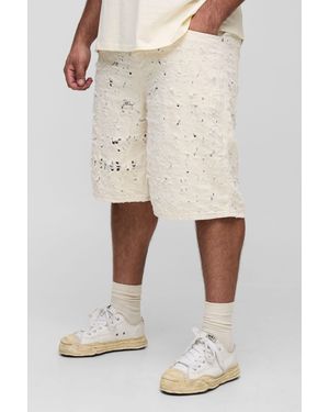 BoohooMAN Plus Lasered Super Distressed Jorts - Natural