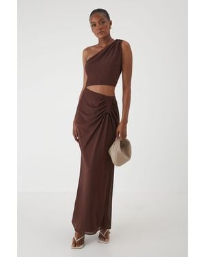MissPap Asymmetric Shoulder Cut Out Ruched Maxi Dress - Brown