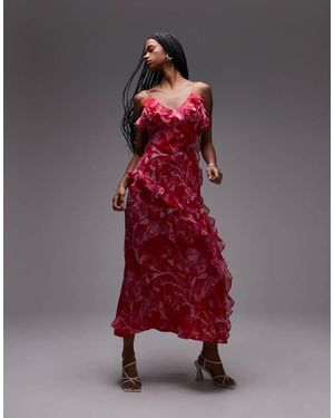 TOPSHOP Ruffle Midi Slip Dress - Red