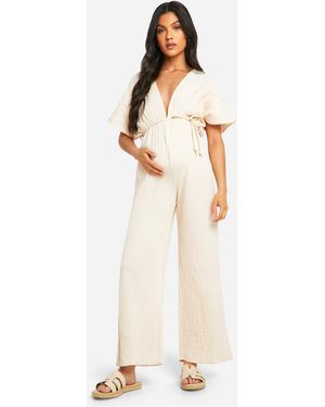 Boohoo Maternity Rope Belted Wide Leg Jumpsuit - White