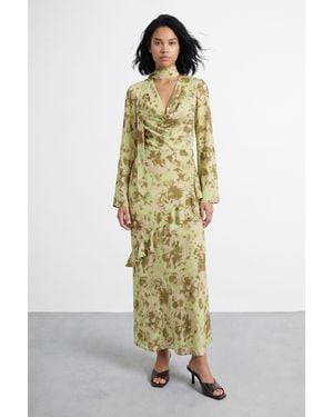 Warehouse Petite Long Sleeve Cowl Neck Floral Print Ruffle Detail Maxi Dress - Multicolour