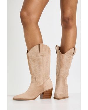 Boohoo Wide Fit Embroidered Western Cowboy Calf Boots - Natural