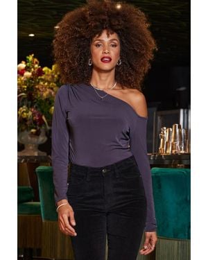 Sosandar Pewter Asymmetrical One Shoulder Top - Black