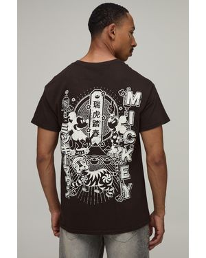 BoohooMAN Oversized Mickey Oriential License Print T-Shirt - Brown