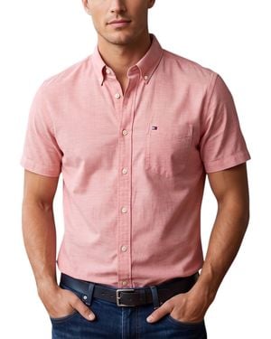 Tommy Hilfiger Shirt Oxford Lightweight Short Sleeve Regular Fit Summer Top - Red