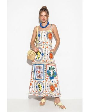 Bianco Lucci Printed Square Neck Sleeveless Maxi Dress - White