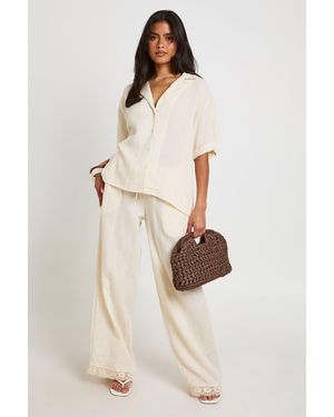Boohoo Cheesecloth Crochet Trim Wide Leg Trousers - Natural