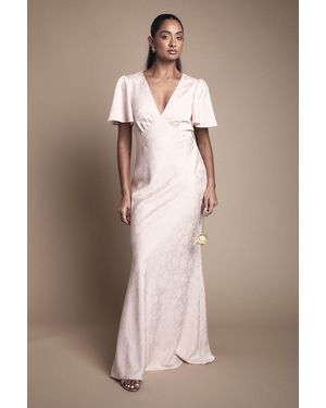 Oasis Angel Sleeve Satin Jacquard Bridesmaid Maxi Dress - Natural