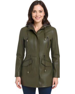 Infinity Leather Hooded Parka Jacket-Bucharest Lamb Leather - Green