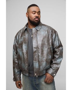 BoohooMAN Plus Tie Dye Snake Pu Boxy Bomber Jacket - Grey
