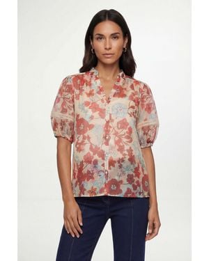Wallis Floral Organza Lace Detail Short Sleeve Shirt - Red
