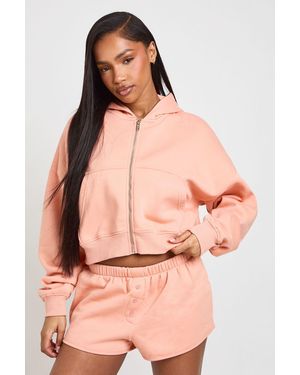 Boohoo Boxy Zip Through Hoodie And Henley Button Short Tracksuit - Pink