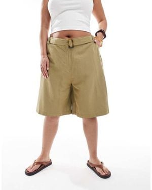 ASOS Curve Tailored Longline Belted City Shorts With Linen - Green