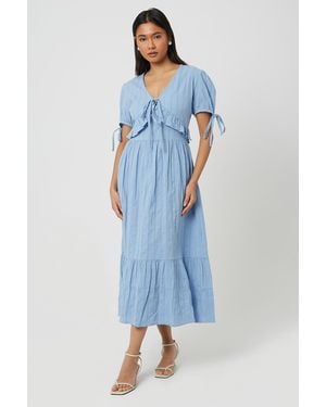 Brave Soul Puff Sleeve Maxi Dress With Tie And Ruffle Details - Blue