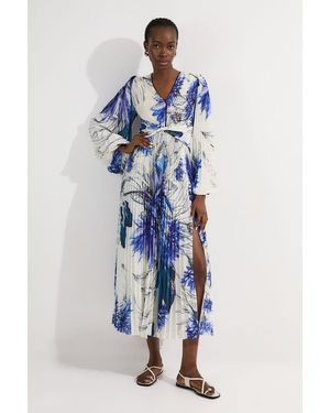 Karen Millen Tall Floral Balloon Sleeve Pleated Crinkle Cut Out Woven Maxi Dress - Blue