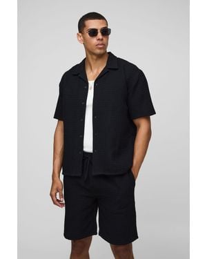 BoohooMAN Oversized Jumbo Waffle Revere Shirt And Shorts Set - Blue
