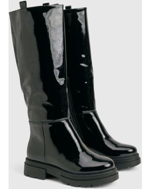 Boohoo Wide Fit Crinkle Tab Knee High Boots - Black