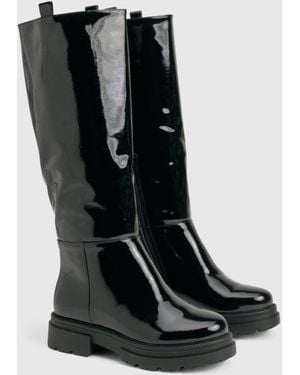 Boohoo Wide Fit Crinkle Tab Knee High Boots - Black