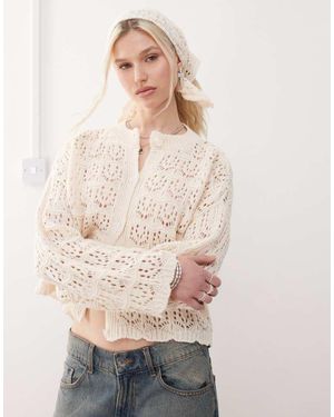 Reclaimed Vintage Crochet Boxy Cardi And Headscarf Set - Natural