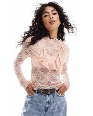 Miss Selfridge Ruffle Detail Long Sleeve Lace Top - White