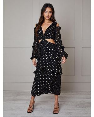 Chi Chi London Petite Long Sleeve Ruffle Detail Foil Spot Maxi Dress - Black