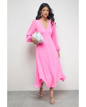 Warehouse Tony Chiffon Plunge Neck Asymmetric Hem Midi Dress - Pink