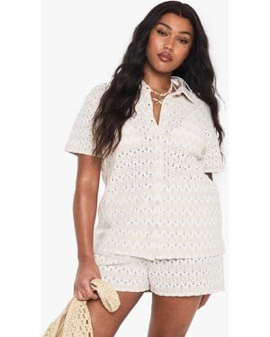 Boohoo Plus Zig Zag Knitted Beach Shirt - White
