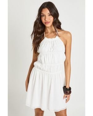 Boohoo Chiffon Shirred Halterneck Mini Dress - White