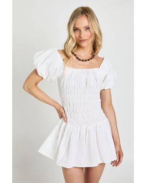 Boohoo Petite Linen Look Puff Sleeve Shirred Maxi Dress - White